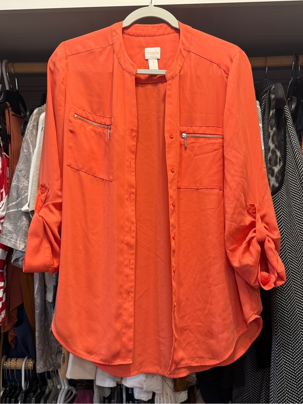 Chico's Bright Orange Zip-Pocket Roll-Sleeve Button Down Shirt Sz 1/Medium